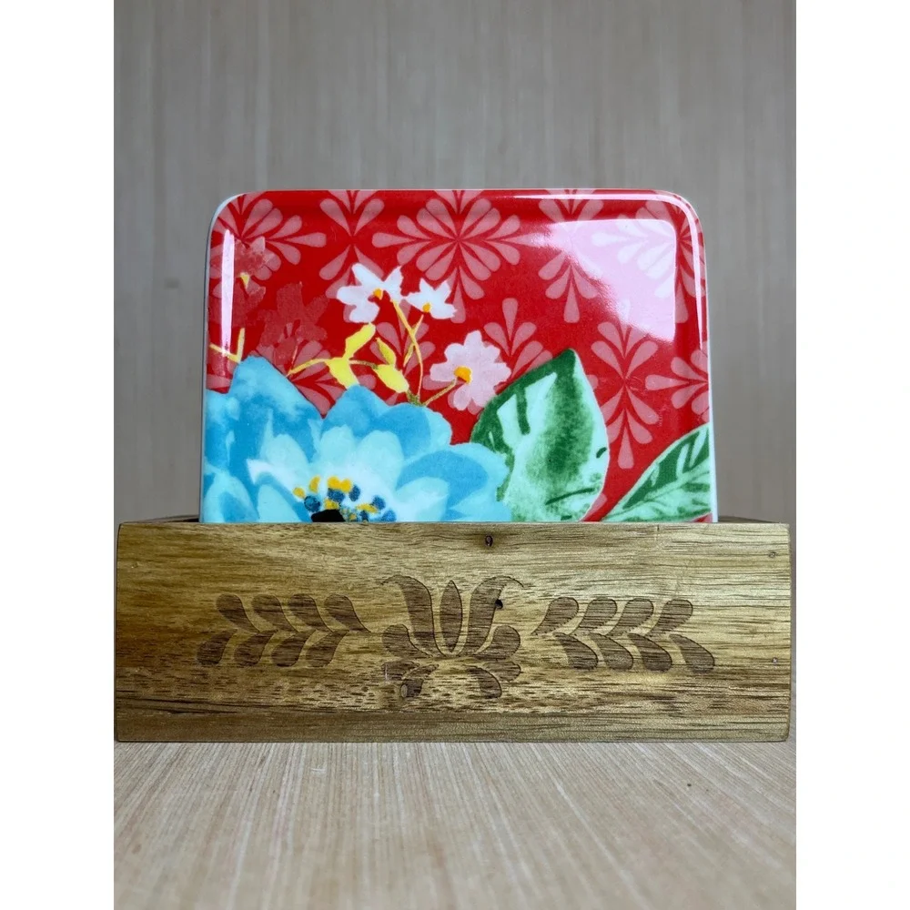 The Pioneer Woman Floral Ceramic Coaster Set of 4 with Engraved Wood Holder Boho